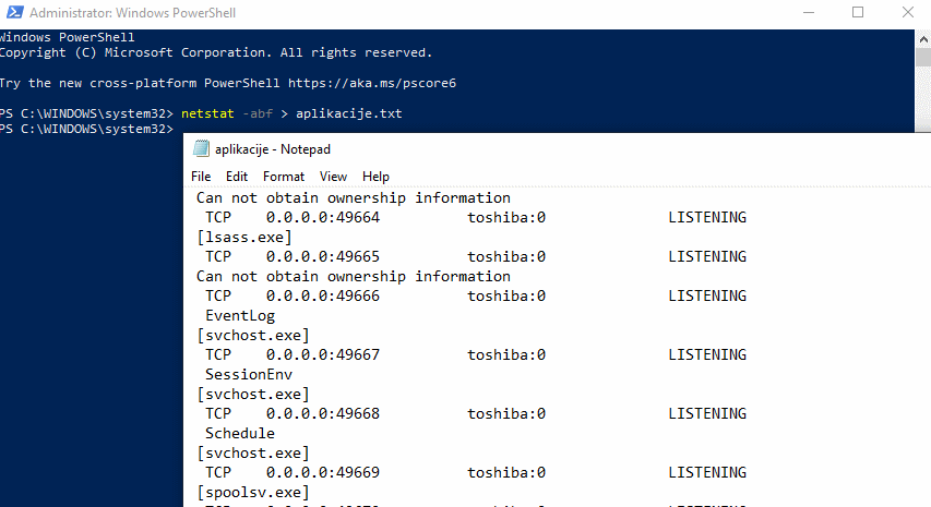 Netstat naredba za provjeru pozadinskih procesa