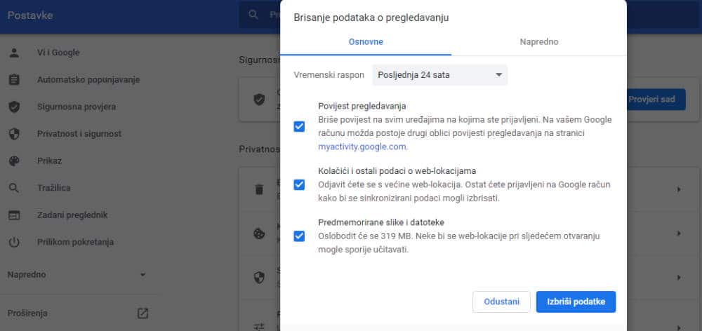 Google Chrome kako pobrisati povijest browsera