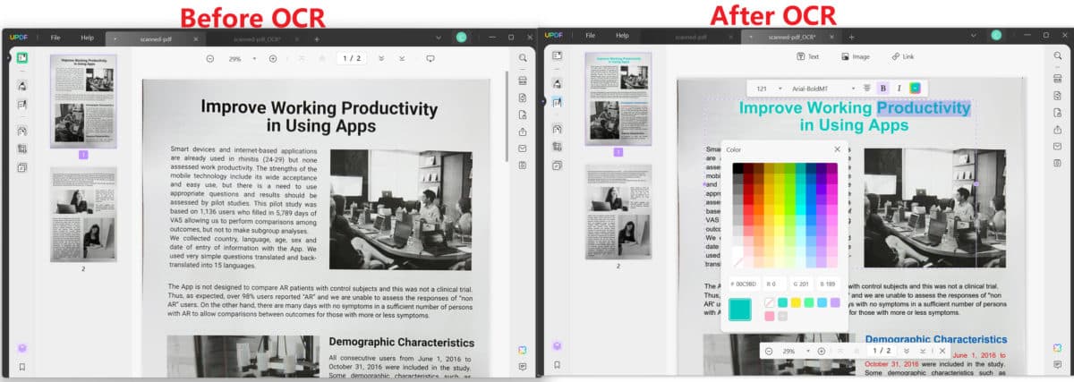 Dokument prije i poslije korištenja UPDF-ovog OCR-a
