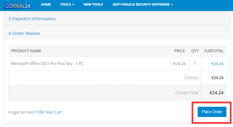 Provjerite svoju narudžbu i kliknite "Place Order".